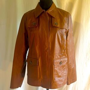 Isaac Mizrahi Live Cognac Genuine Leather Jacket W/Orange Interior Women’s Sz M